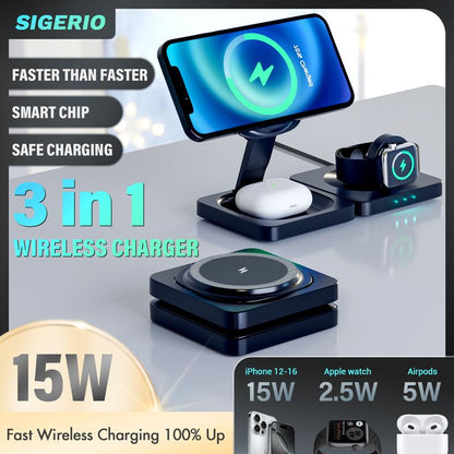 22.5W 3 in 1 Wireless Charger, Foldable Magnetic Fast Charging Station for Apple Devices for Iphones, Airpods and Iwatch